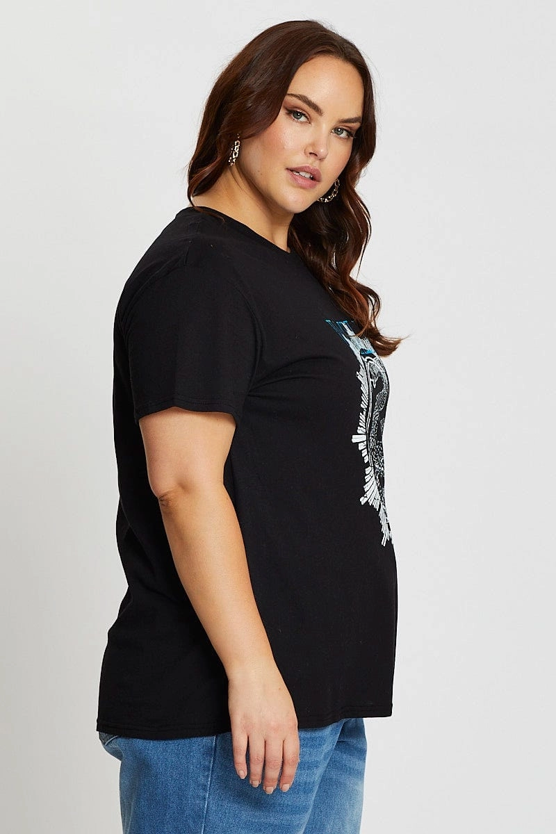 Stretch Knit Black Short Sleeve Wild Print Regular T-shirt