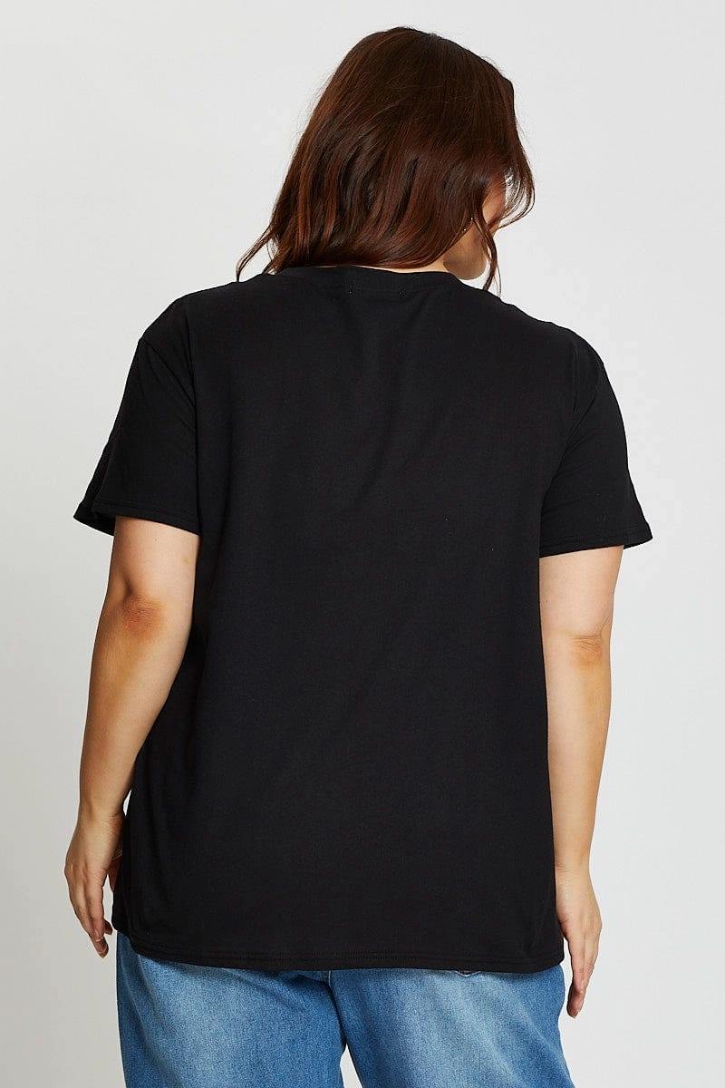 Black Short Sleeve Wild Print Regular T-shirt Boat neck style