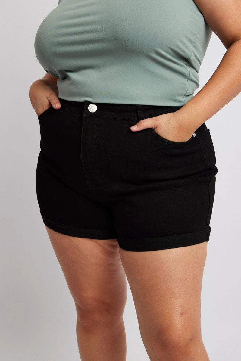 Roll Resistant Waist Flexible Support Black Skinny Shorts High Rise Stretch