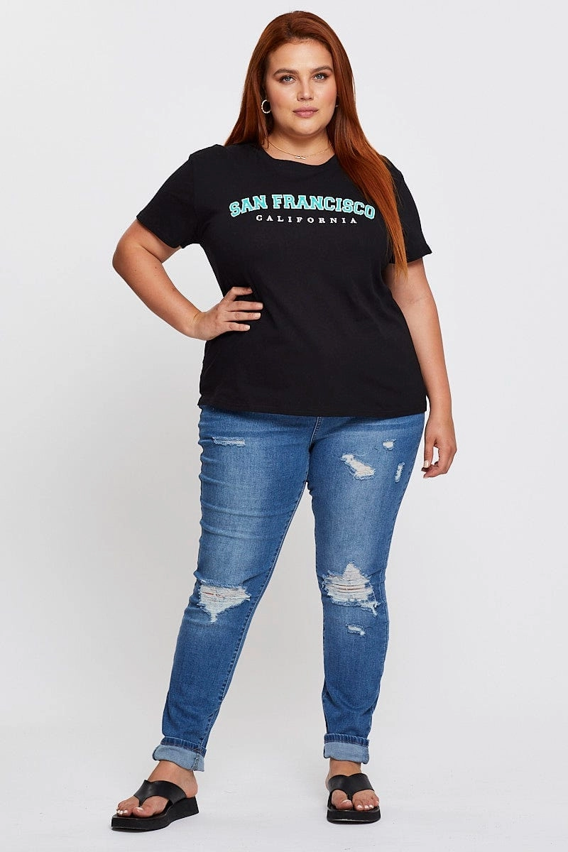 All-Day Stretch Side Vent Design Black Sleeve T-shirt San Francisco Embroidered Short