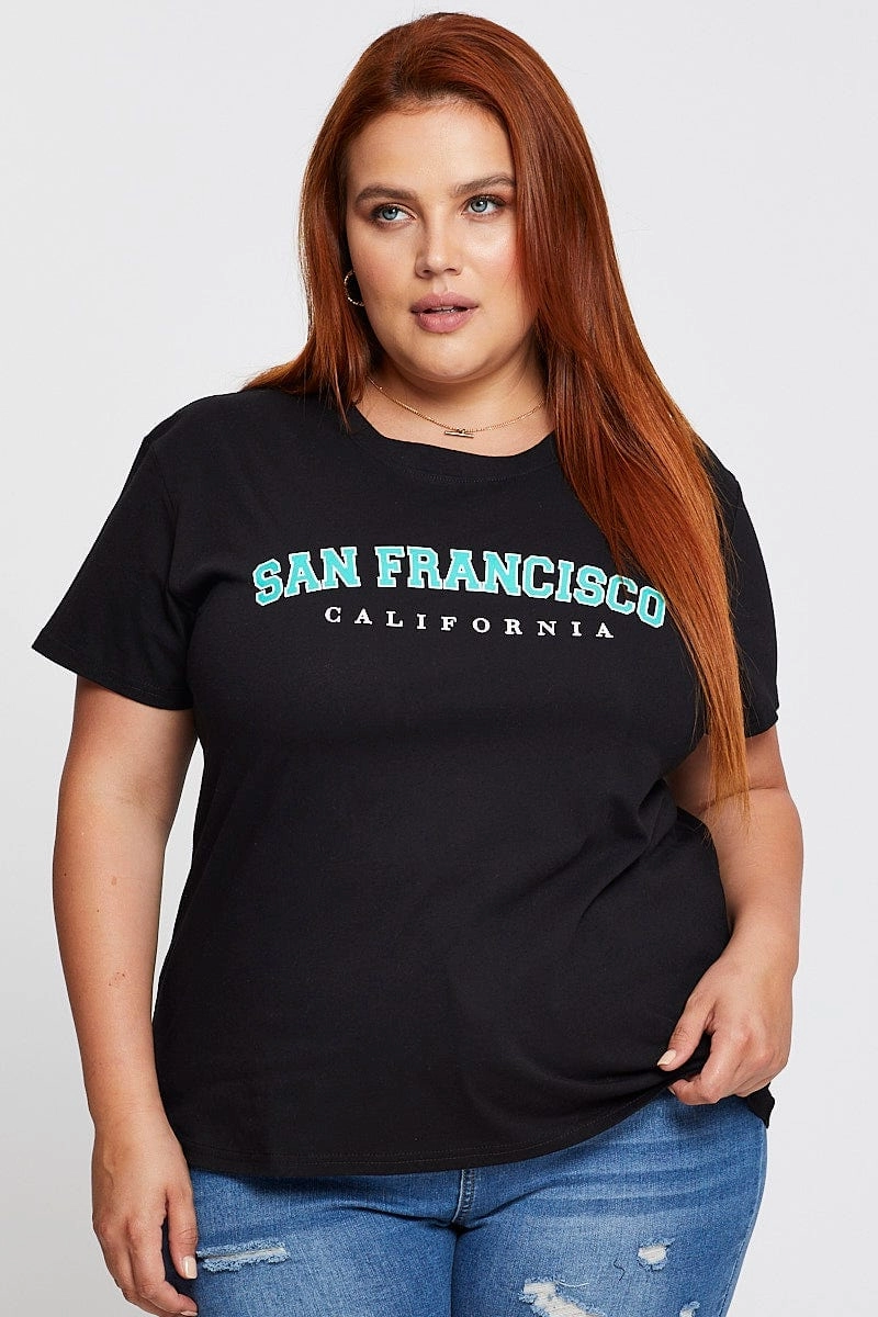 Black Sleeve T-shirt San Francisco Embroidered Short Versatile Comfort Style High Durability Weave