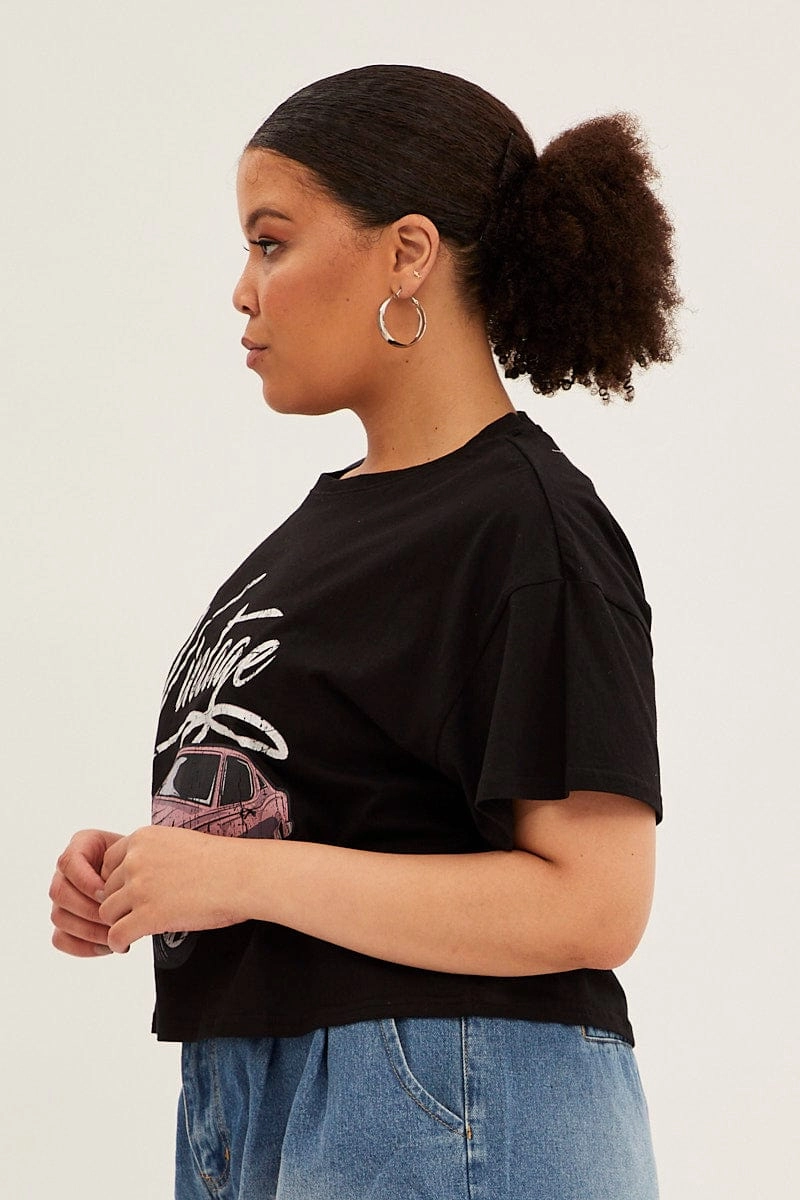 Black Sleeve T-shirt Vintage Crew Neck Short Flexible Shoulder Seams