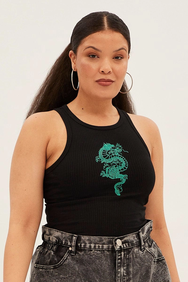 Plus size confidence Casual Choice Wear Black Sleeveless Rib Tank Top With Dragon Embroidery