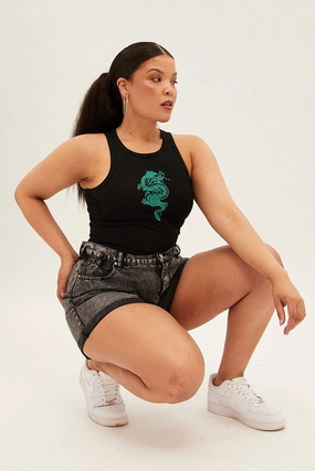 Soft Waistband Comfort Apparel Black Sleeveless Rib Tank Top With Dragon Embroidery