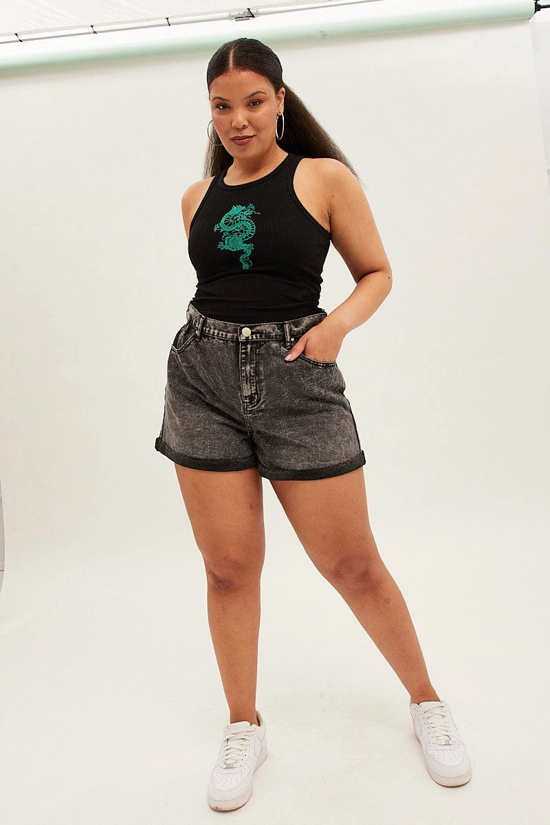 Black Sleeveless Rib Tank Top With Dragon Embroidery Structured silhouette