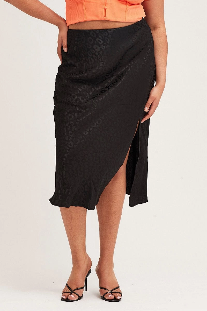 Mix Culture Black Slip Skirt Midi Elastic Waist Jacquard Satin
