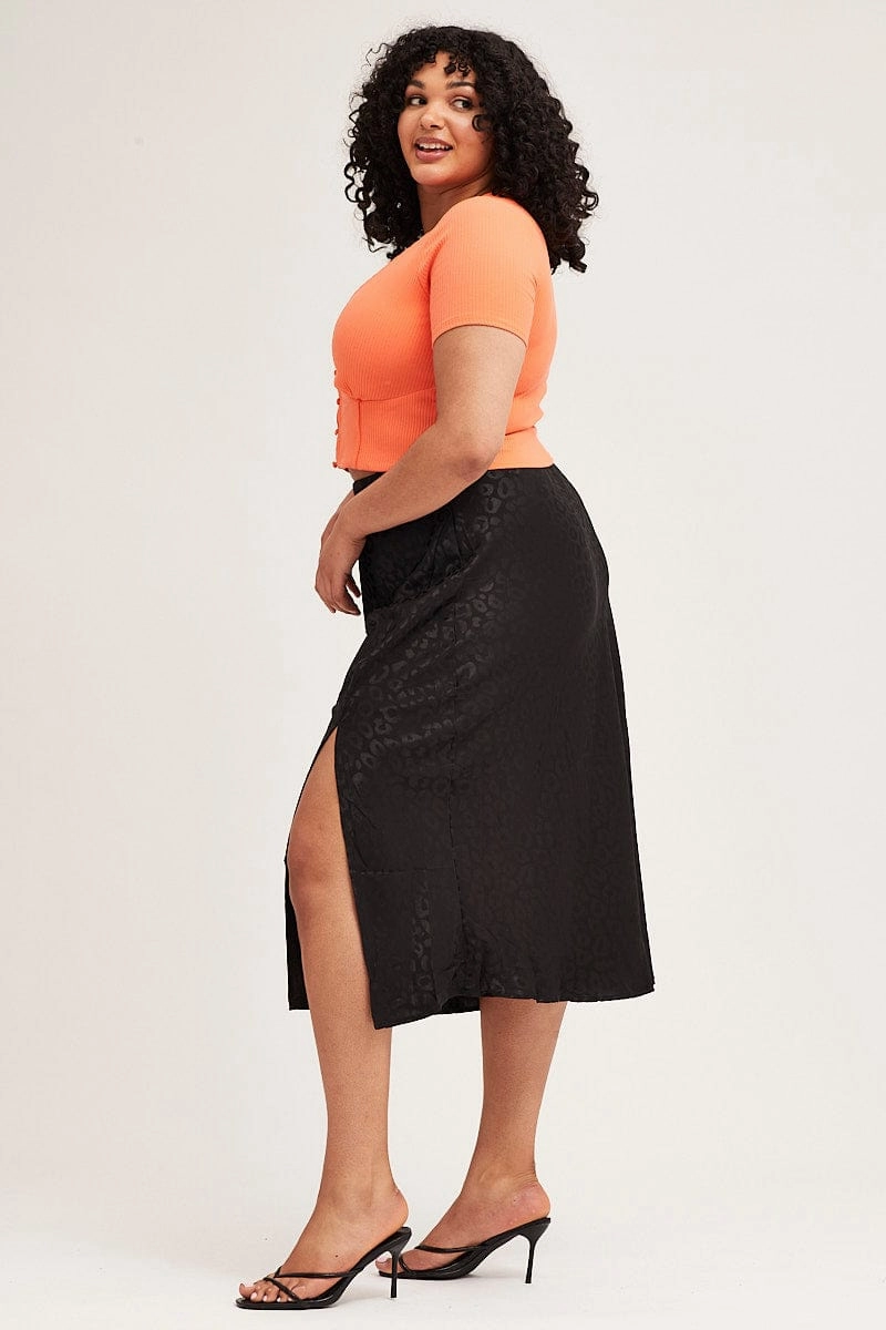 Visual Outfit Dust Proof Fabric Black Slip Skirt Midi Elastic Waist Jacquard Satin