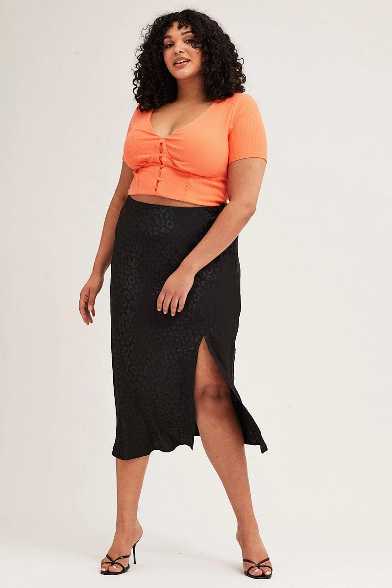 Black Slip Skirt Midi Elastic Waist Jacquard Satin Low Rise Organic Cotton