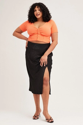 Celebrity Style Black Slip Skirt Midi Elastic Waist Jacquard Satin