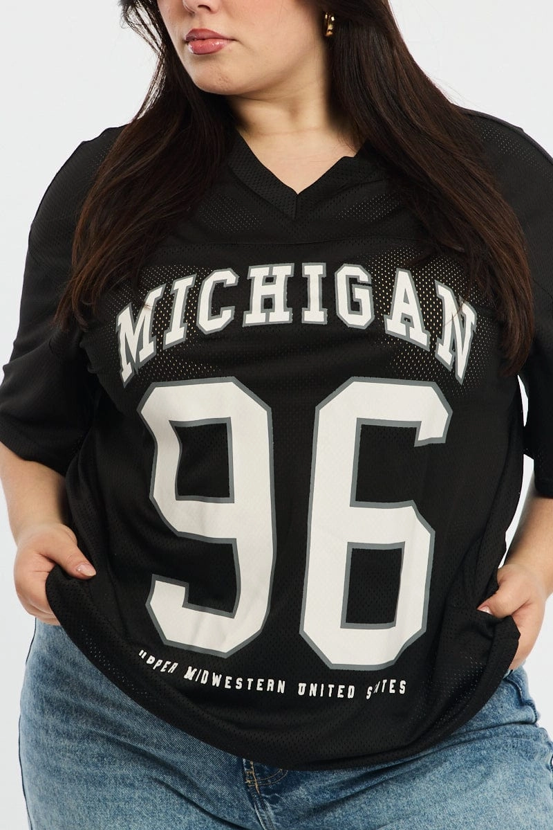 Foam Print Detail proper length Black Sport Tee Short Sleeve V-neck