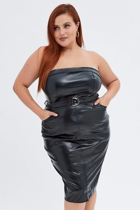Black Strapless Dress Faux Leather Midi Length With Belt Contemporary Vibe Classic Edge