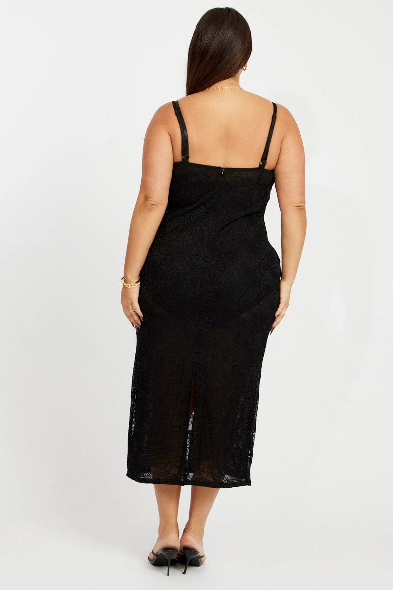 Black Stretch Lace Shoestring Bodycon Maxi Dress Stylish Comfort