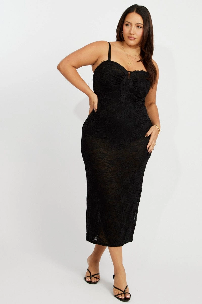 Black Stretch Lace Shoestring Bodycon Maxi Dress Lightweight Chic Comfort