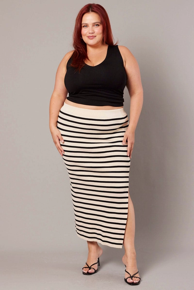 Black Stripe Rib Knit One Split Skirt Machine washable