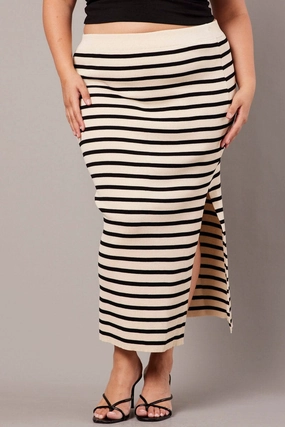 High low hem Comfort Wear Black Stripe Rib Knit One Split Skirt