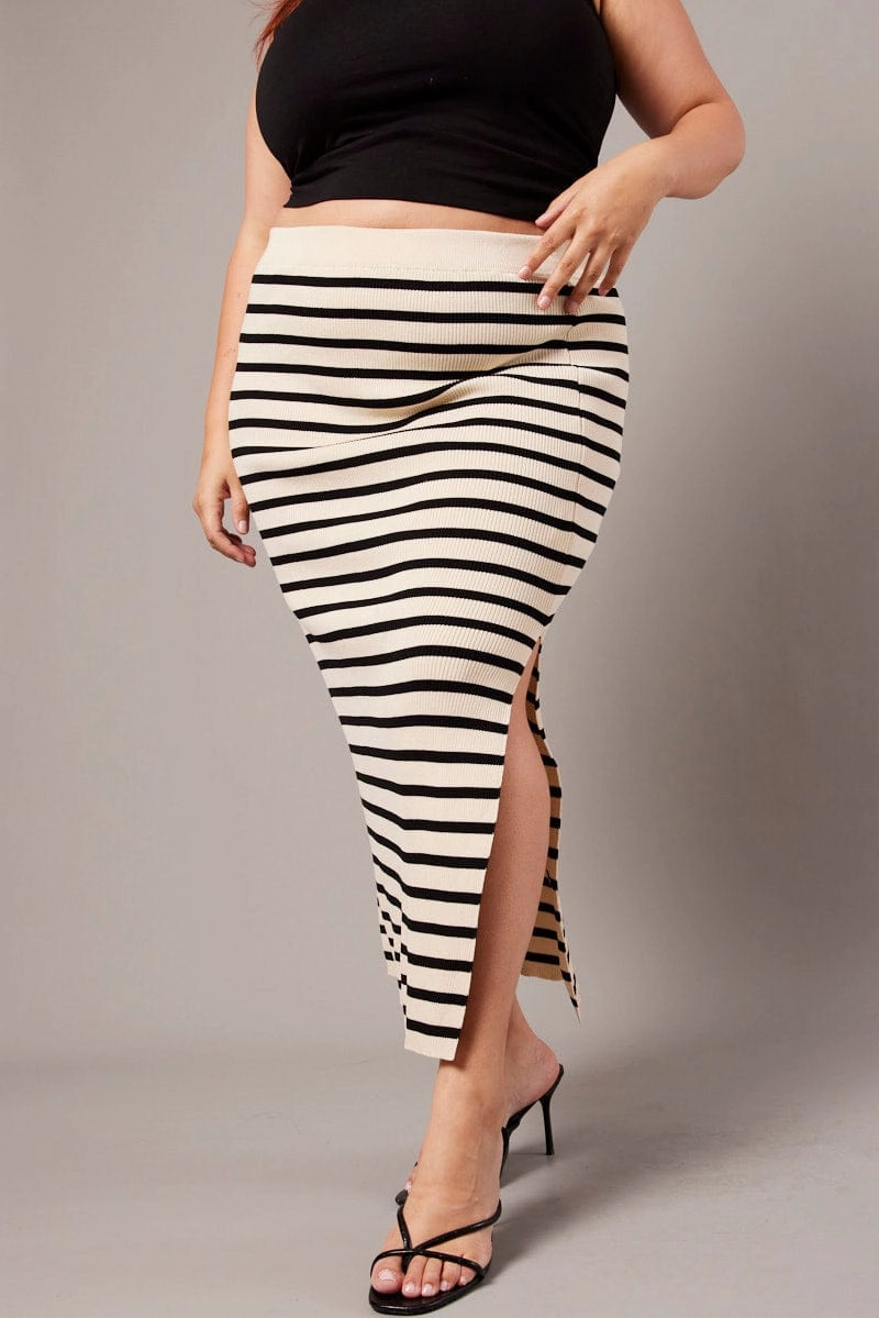 Outdoor Gathering Black Stripe Rib Knit One Split Skirt