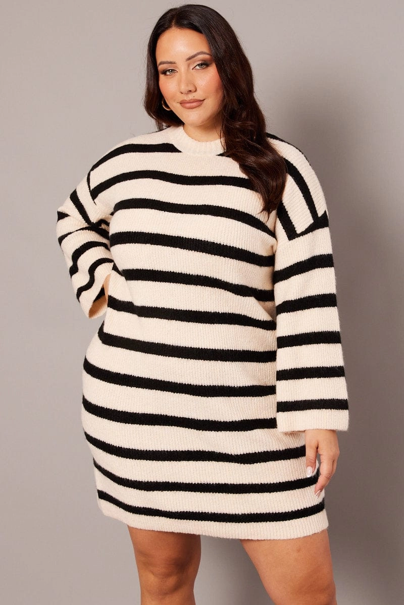 Black Stripe Stripe Sweater Dress Casual Lines Elegant evening wear