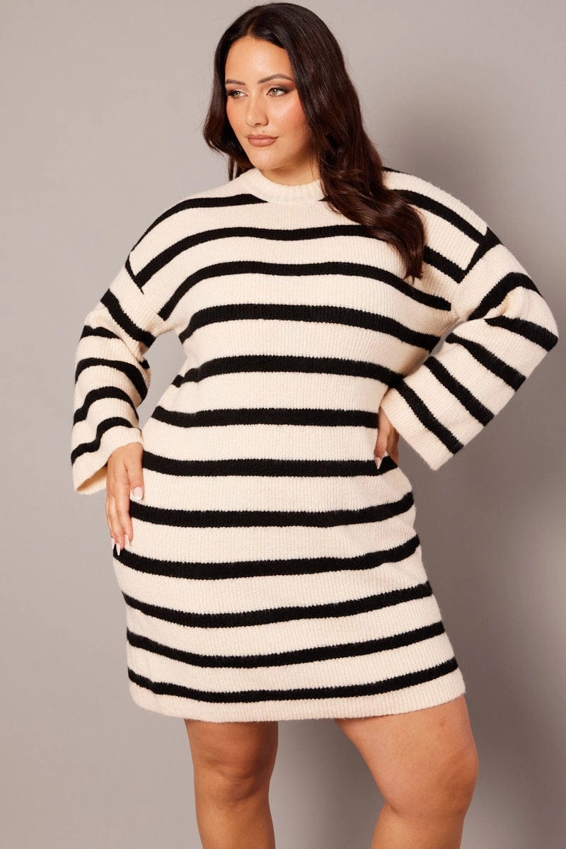 relaxed shape Versatile Layer Black Stripe Stripe Sweater Dress