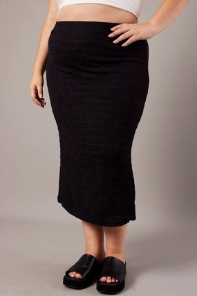 Laser cut Minimal Vibe Black Textured Fitted Skirt