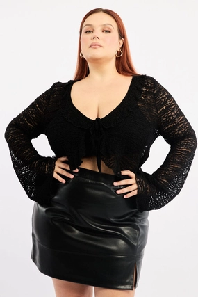 Black Textured Lace Knit Tie Front Bolero Cardigan Reinforced Seam Construction Double stitching