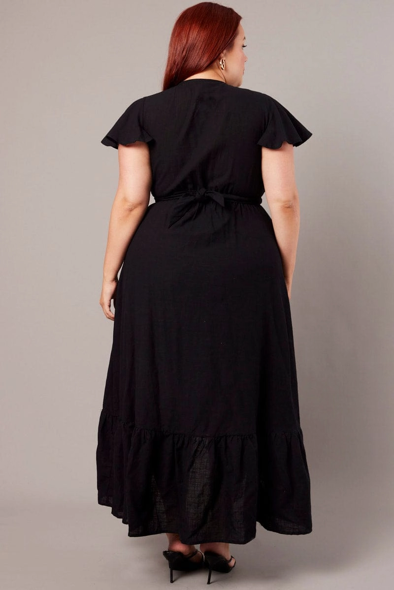 Black Tie Front Flare Sleeve Midi Dress Slim Silhouette ReversibleStyle