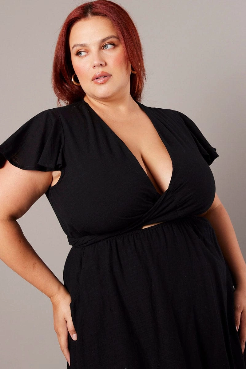 High-Fashion Breezy Style Black Tie Front Flare Sleeve Midi Dress