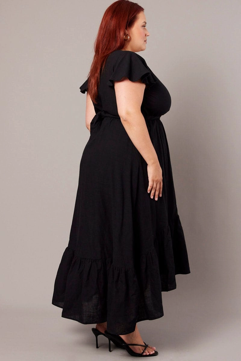 Black Tie Front Flare Sleeve Midi Dress Structured-Shape