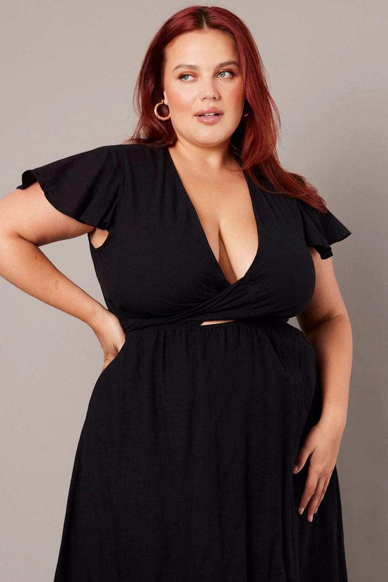 Black Tie Front Flare Sleeve Midi Dress Smart Style