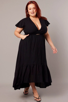 Flexible Waist Luxurious Texture Black Tie Front Flare Sleeve Midi Dress