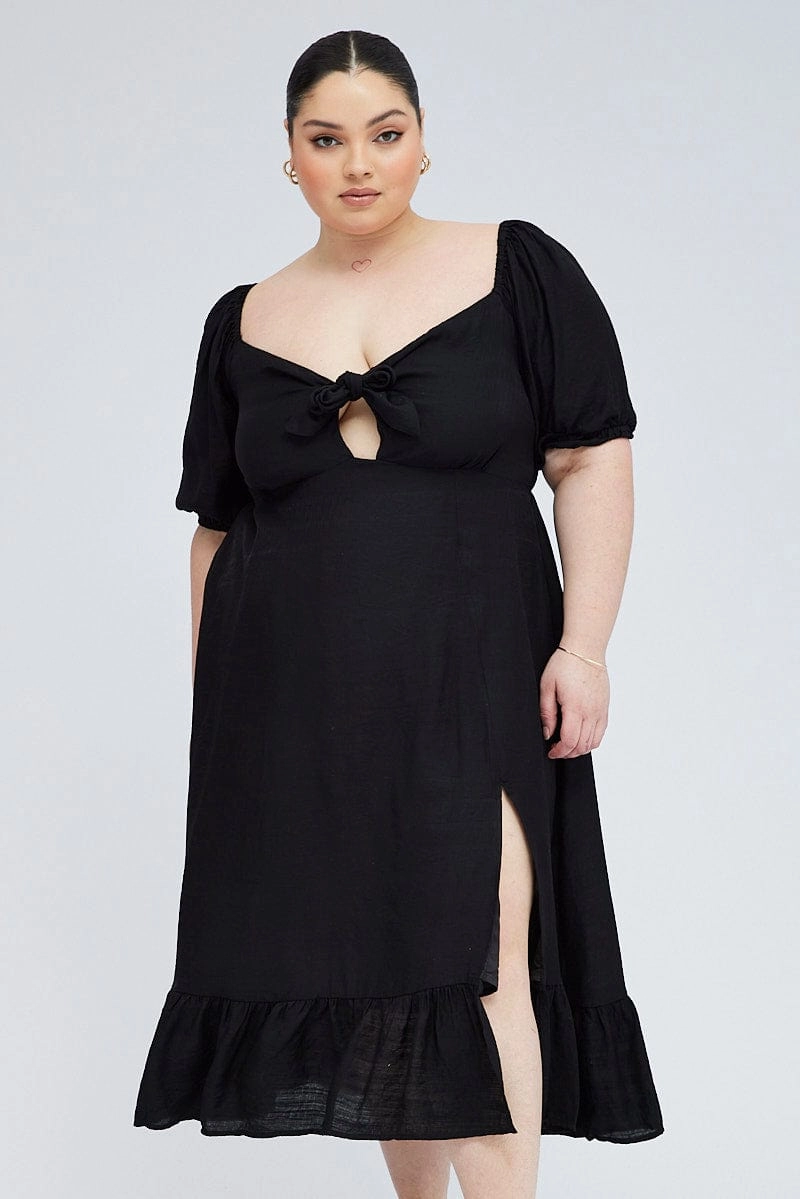 Urban Touch Black Tie Front Midi Dress Short Puff Sleeve Split Front