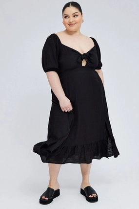 Black Tie Front Midi Dress Short Puff Sleeve Split Front Sleek Design Fit