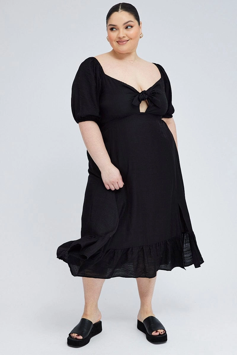 Black Tie Front Midi Dress Short Puff Sleeve Split Front Sleek Design Fit