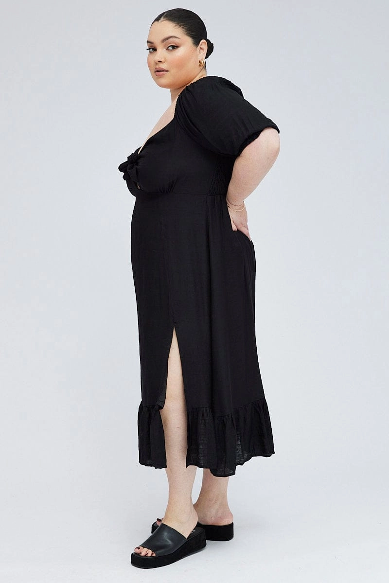 Bright Vibe Easy Wrap Black Tie Front Midi Dress Short Puff Sleeve Split Front