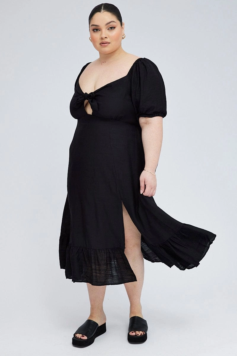 Black Tie Front Midi Dress Short Puff Sleeve Split Front Simple Spirit Versatile Edge