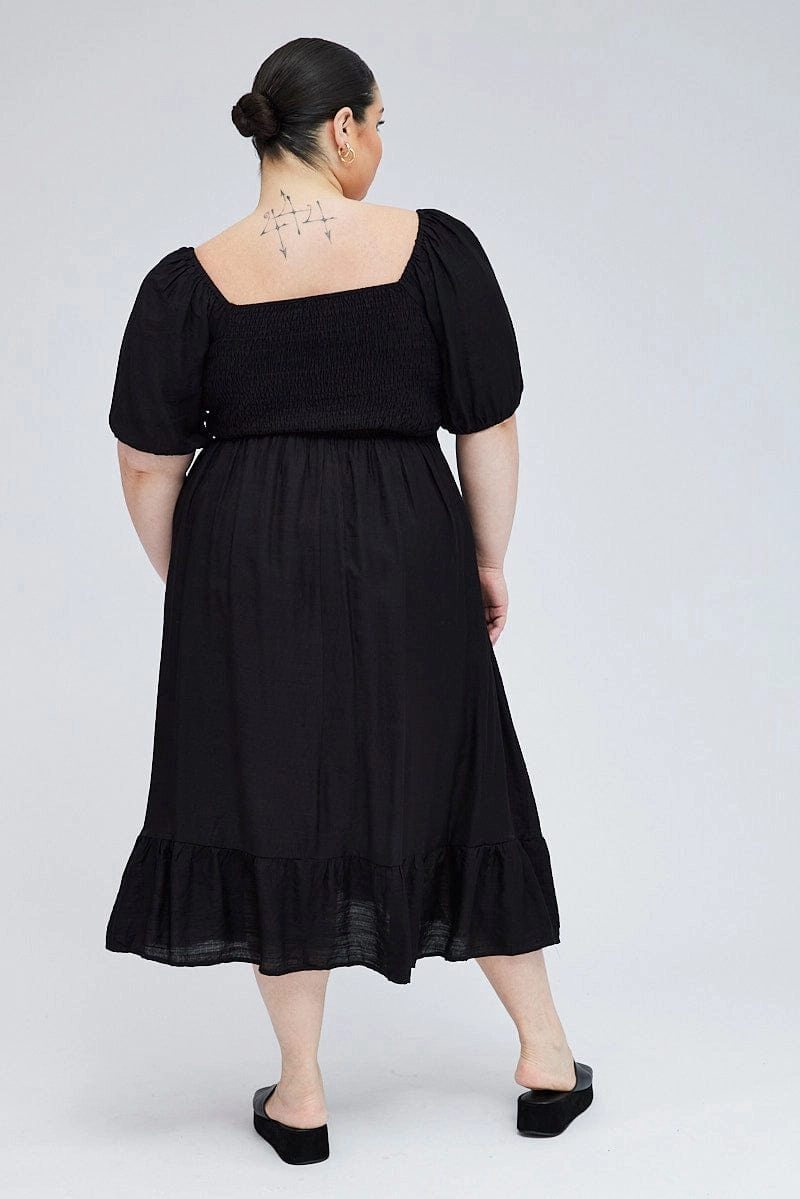 Minimal Fit Black Tie Front Midi Dress Short Puff Sleeve Split Front