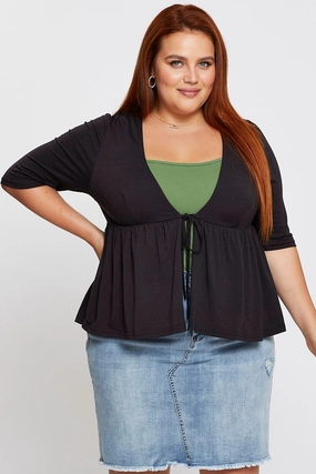 Black Tie Up Cardigan Short Sleeve Jersey Stylish Comfort Cold Resist
