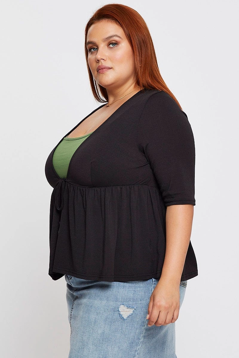 Black Tie Up Cardigan Short Sleeve Jersey Hidden Pocket System