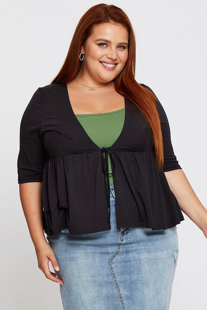 Casual Classic WaterResistantFabric Black Tie Up Cardigan Short Sleeve Jersey