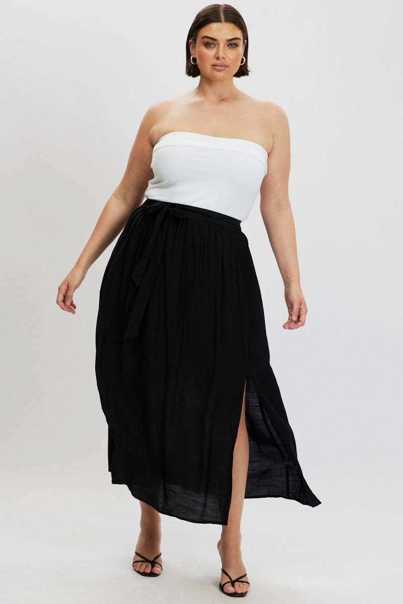 Active Wear Black Tie Waist Split Side Maxi Skirt