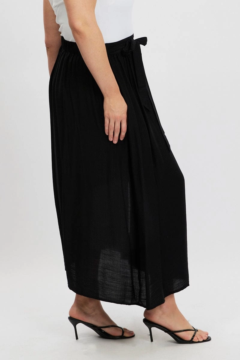 Black Tie Waist Split Side Maxi Skirt Sheer Overlay