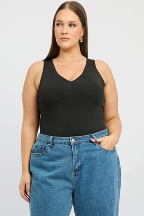 Black V-neck Sleeveless Bodysuit Functional Waist Laser Cut Perforations