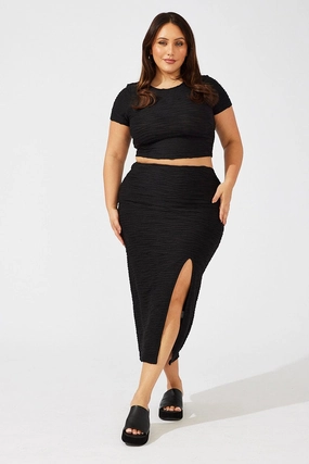 Comfy Wear Cultural Heritage Black Wavy Texture Bodycon Split Skirt
