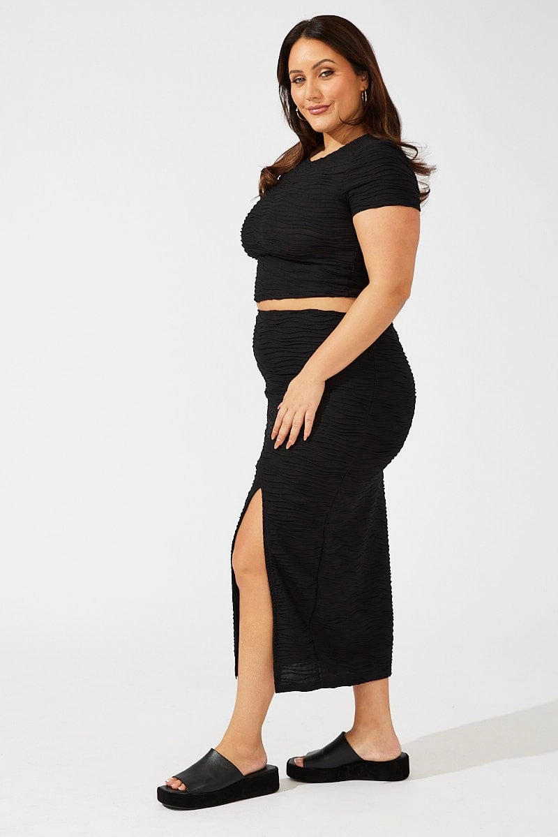 Black Wavy Texture Bodycon Split Skirt Collaboration Piece