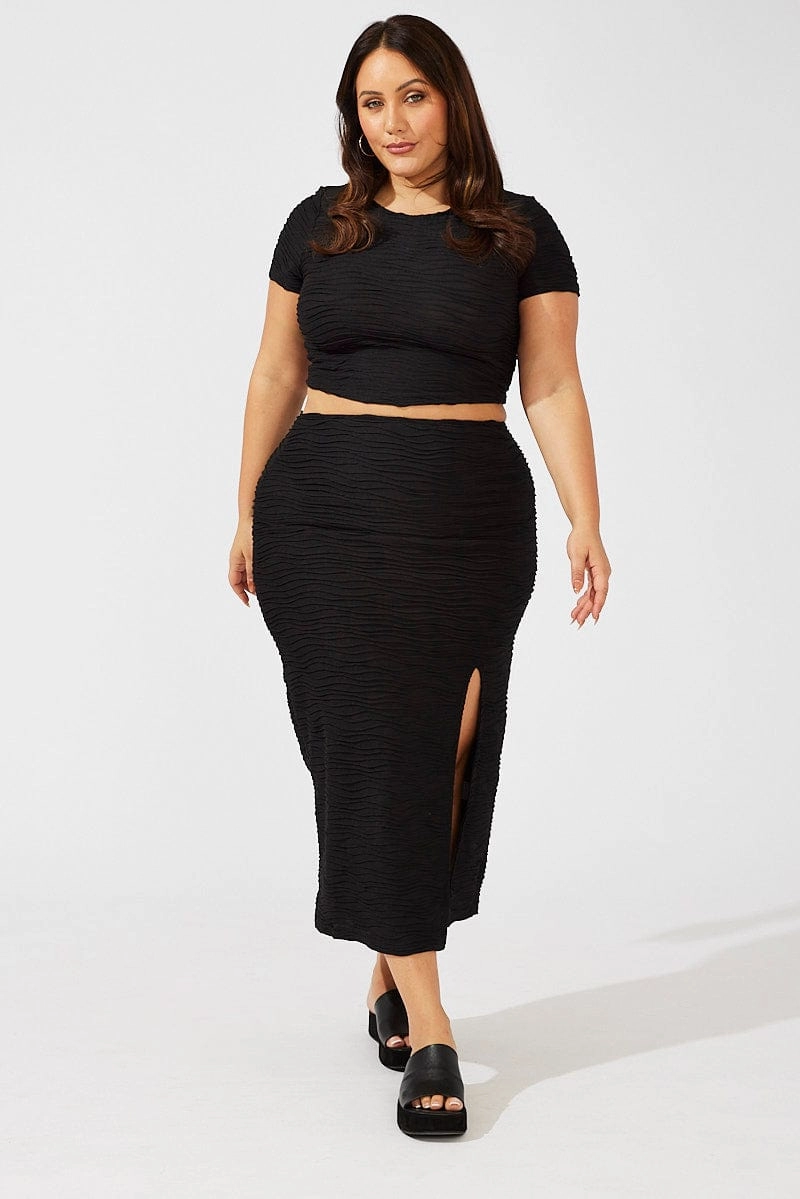 Neutral Tones Black Wavy Texture Bodycon Split Skirt