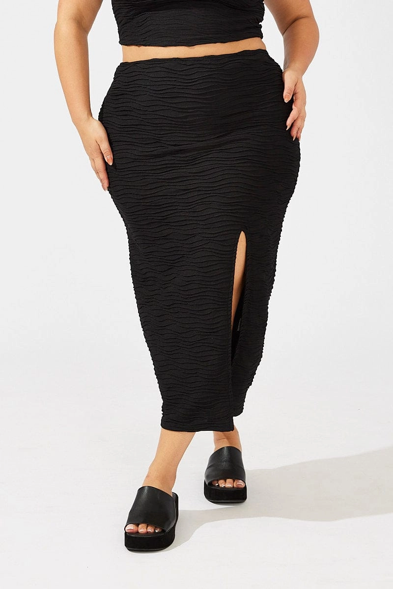 Black Wavy Texture Bodycon Split Skirt Red Carpet Look Durable Hem