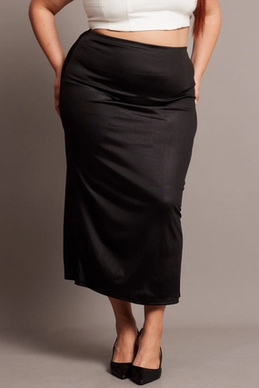 Abstract Motif Fashion Details Black Wet Look Midi Skirt
