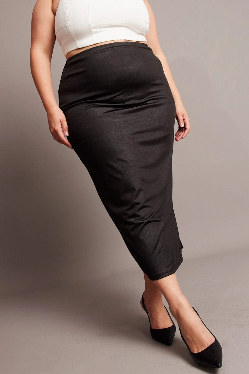 Black Wet Look Midi Skirt Functional Detail