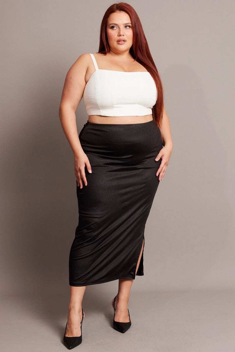 Black Wet Look Midi Skirt Weekend Ready Pleated Construction