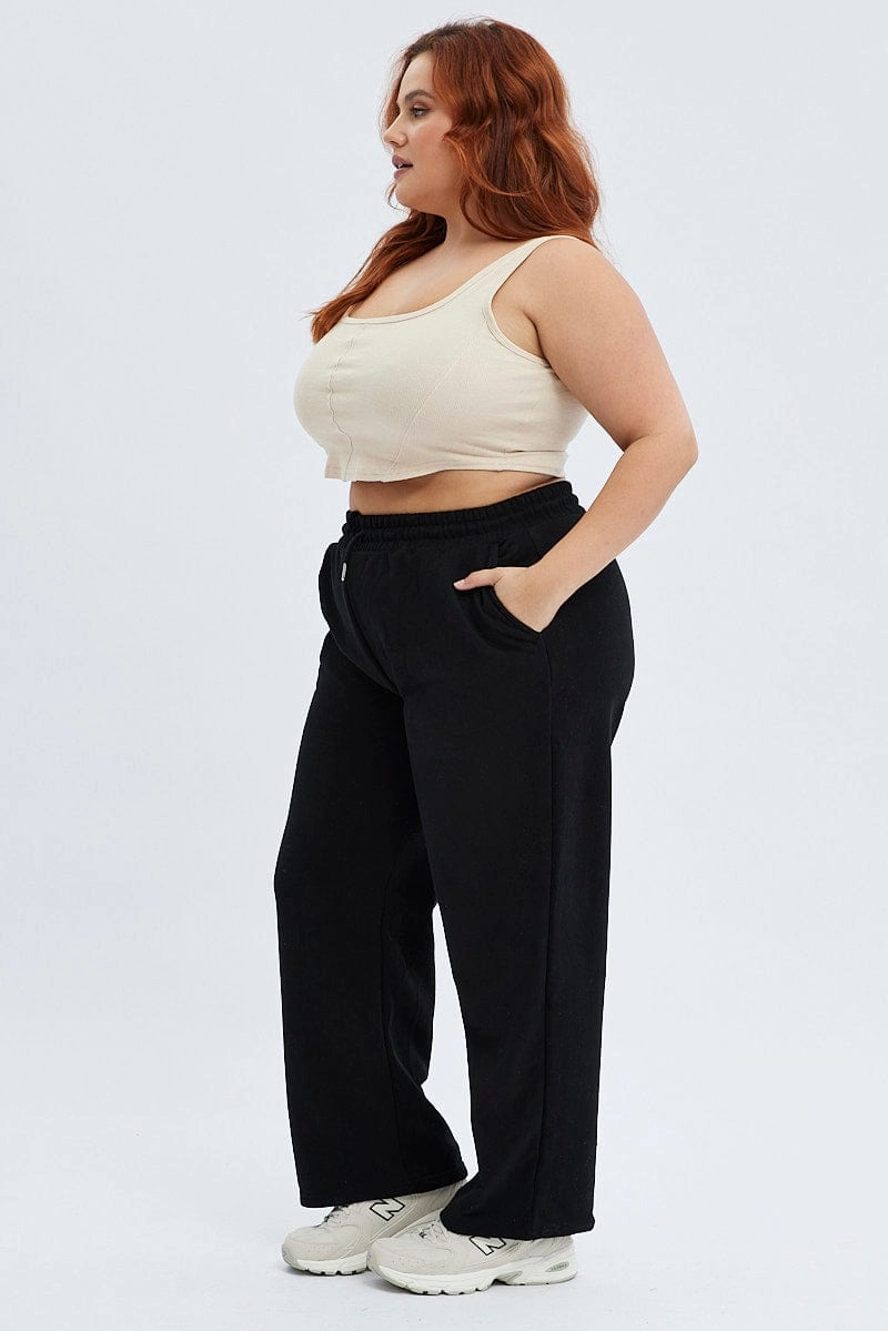 Black Wide Leg Jogger Pants Everyday Comfort Fit Plaid detail