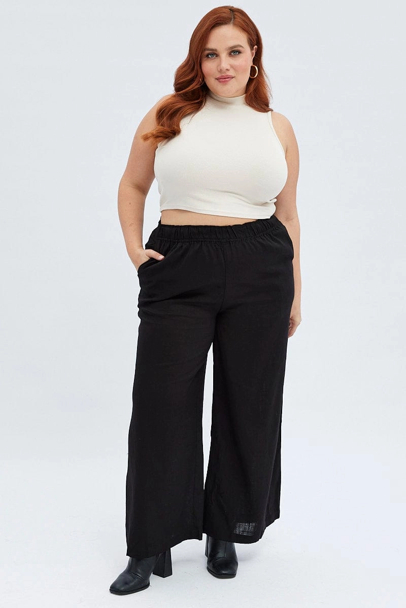 Adaptable Design Black Wide Leg Pants Elastic Waist